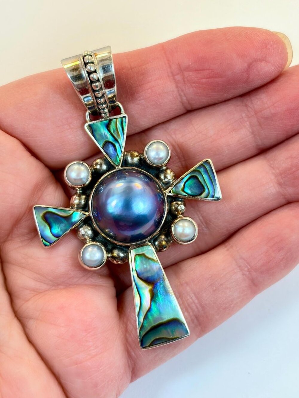 Shell Cross, Abalone Pendant, Pearls, Sterling Silver, Vintage Pendant, 2 1/2"